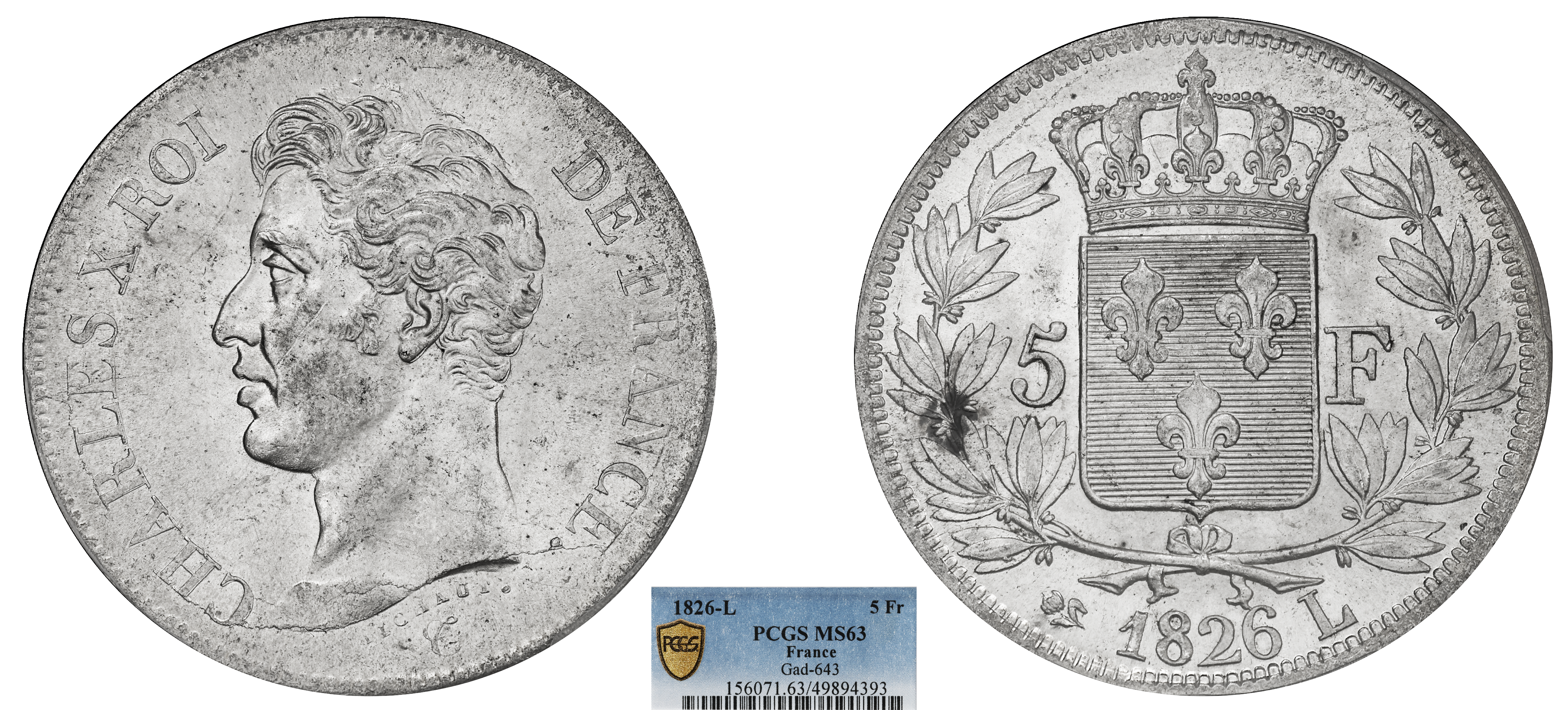FRANCE - CHARLES X - 5 FRANCS 1826 BAYONNE - PCGS MS63