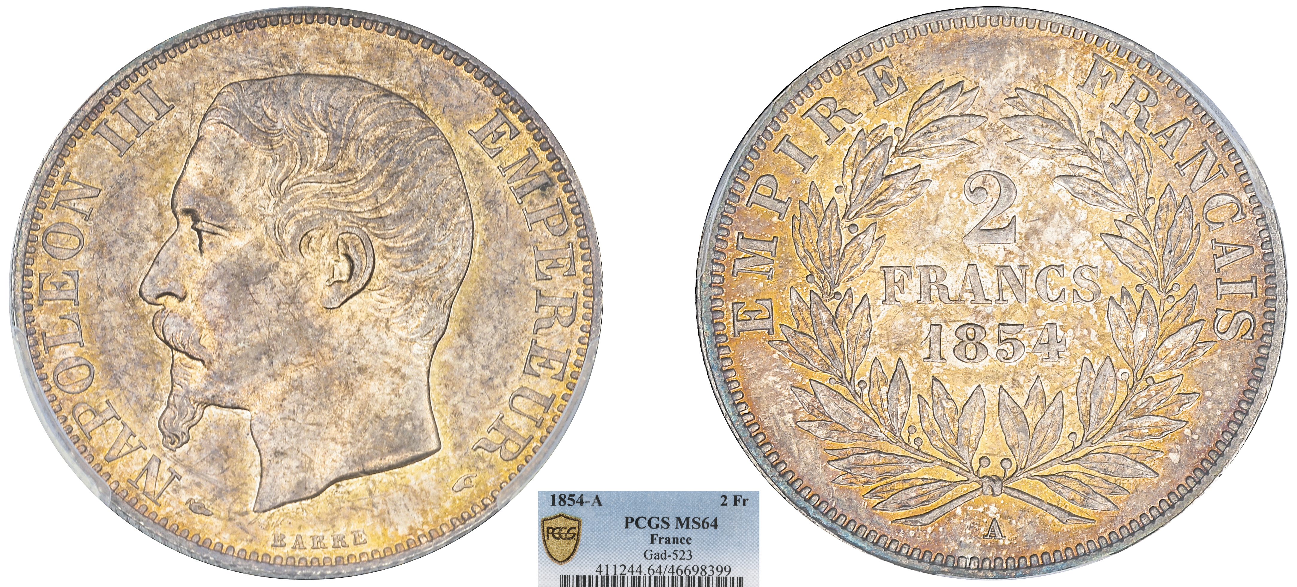 FRANCE - NAPOLÉON III - 2 FRANCS TÊTE NUE 1854 PARIS - PCGS MS64