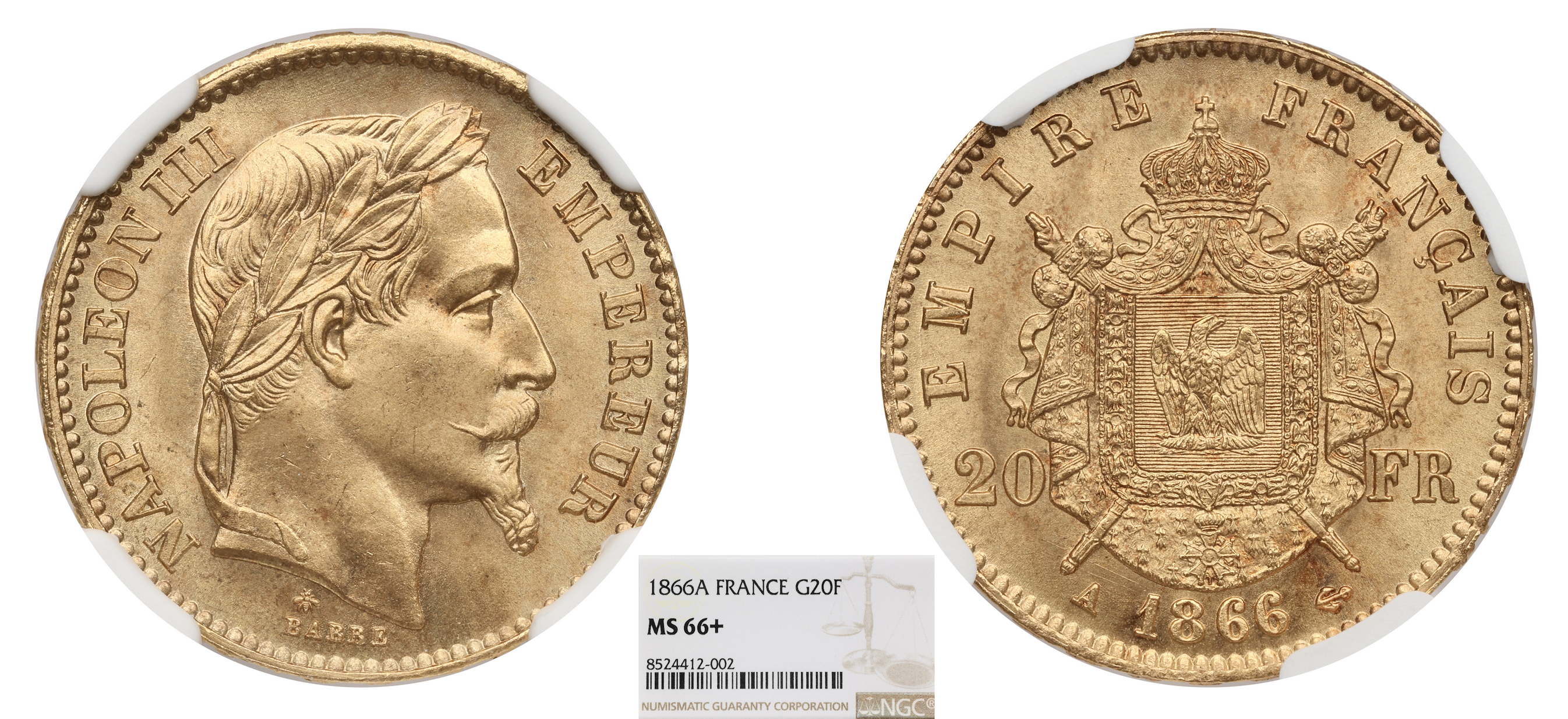 FRANCE - NAPOLÉON III - 20 FRANCS 1866 PARIS - NGC MS 66+ - TOP POP