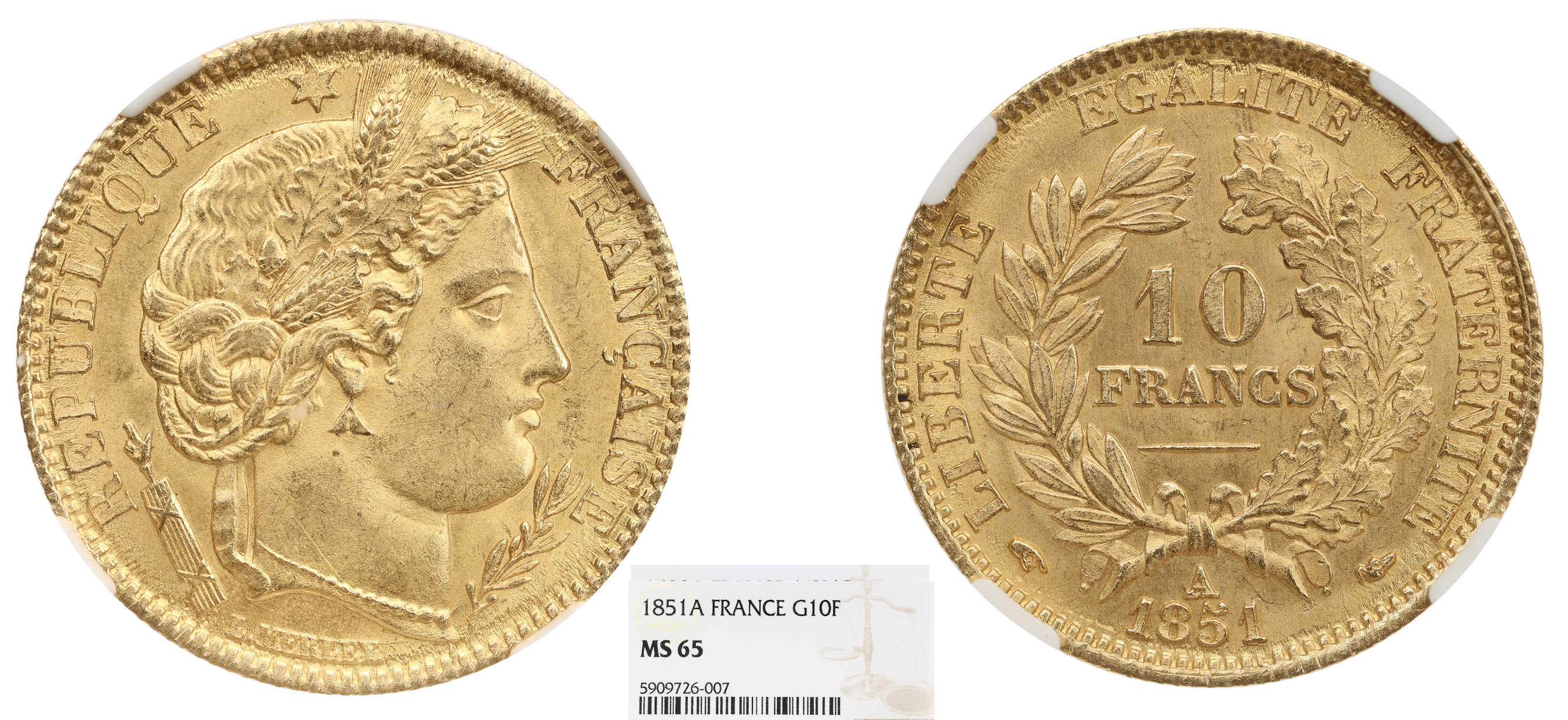 FRANCE - IIÈME RÉPUBLIQUE - 10 FRANCS OR CÉRÈS 1851 A - NGC MS 65