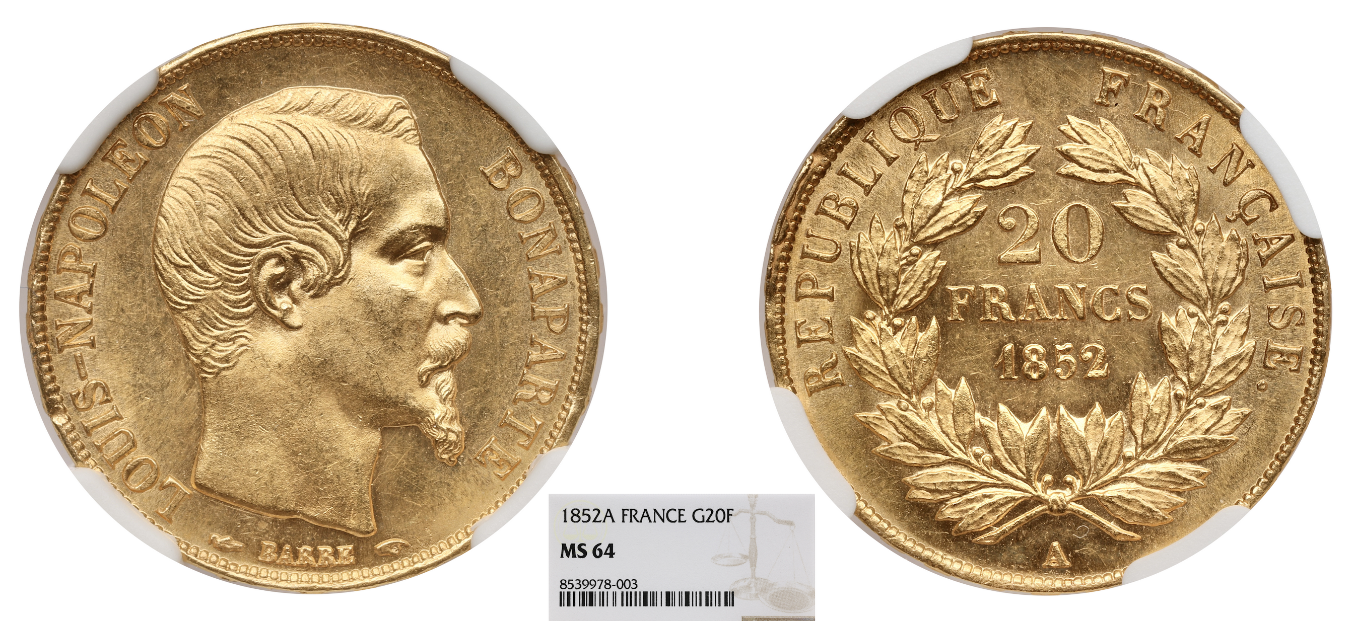 FRANCE - NAPOLÉON III - 20 FRANCS OR 1852 PARIS - NGC MS64