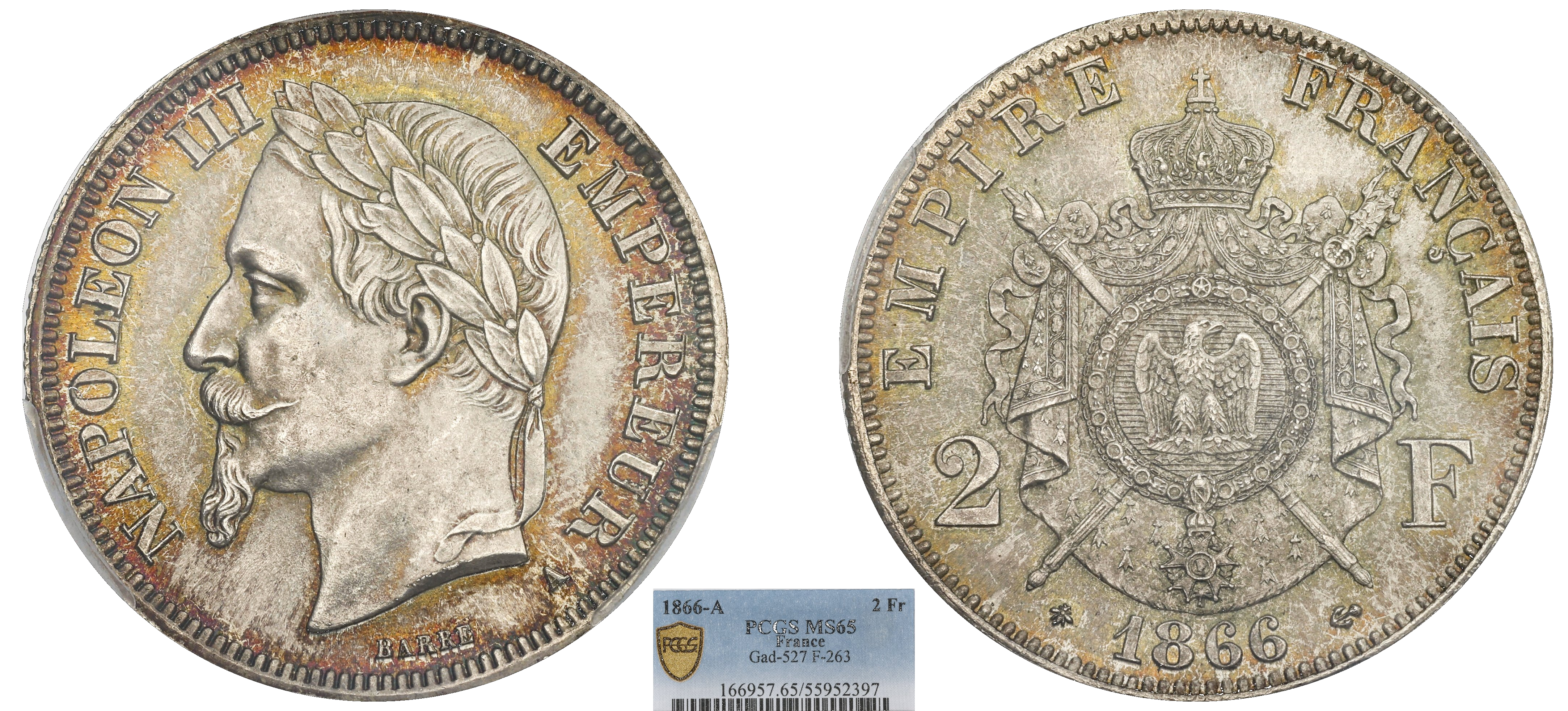 FRANCE - NAPOLÉON III - 2 FRANCS TÊTE LAURÉE 1866 PARIS - PCGS MS65
