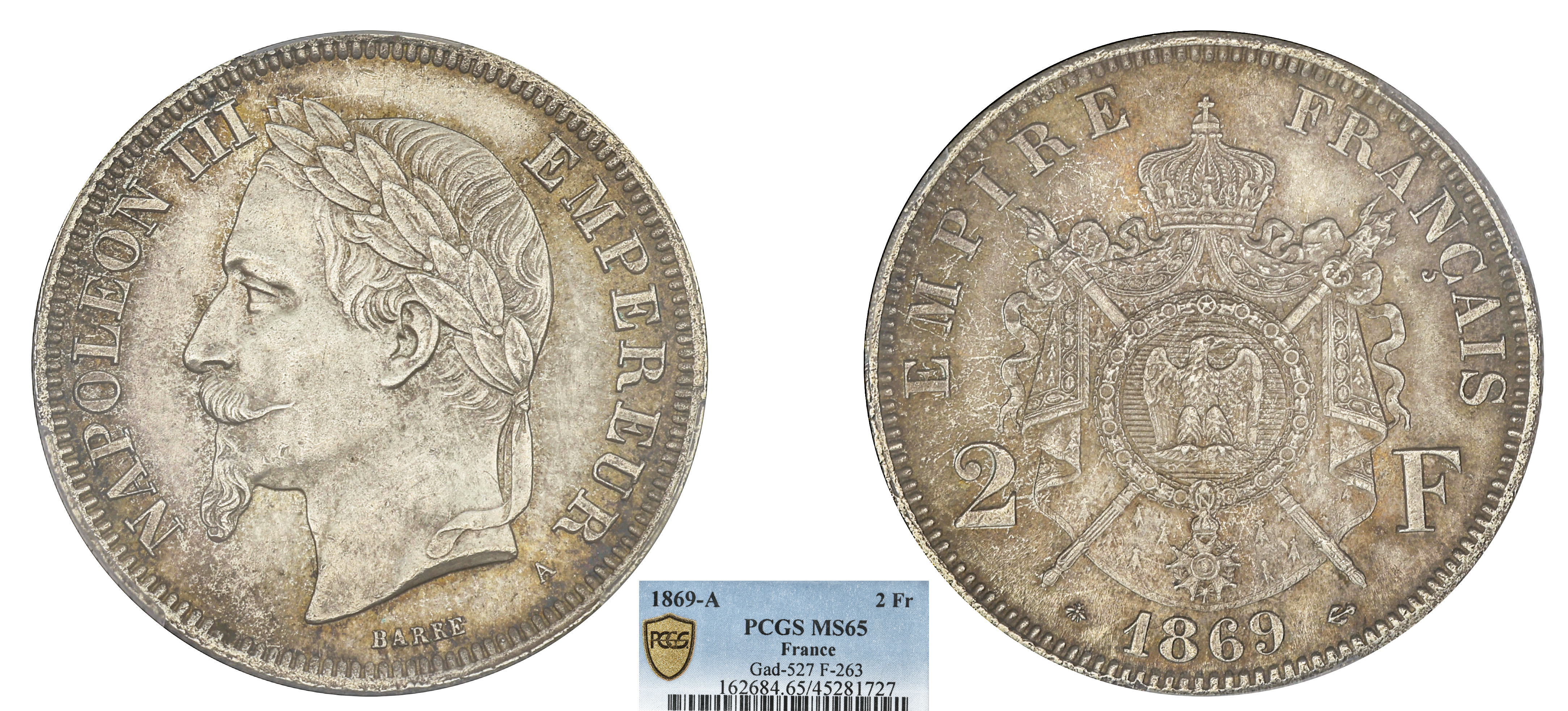 FRANCE - NAPOLÉON III - 2 FRANCS TÊTE LAURÉE 1869 PARIS - PCGS MS65