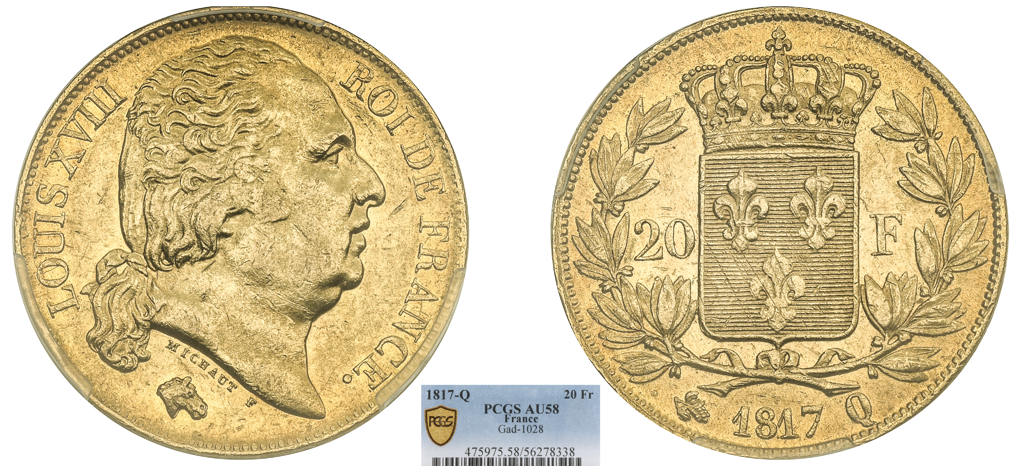 FRANCE - LOUIS XVIII - 20 FRANCS TÊTE NUE 1817 PERPIGNAN - PCGS AU58
