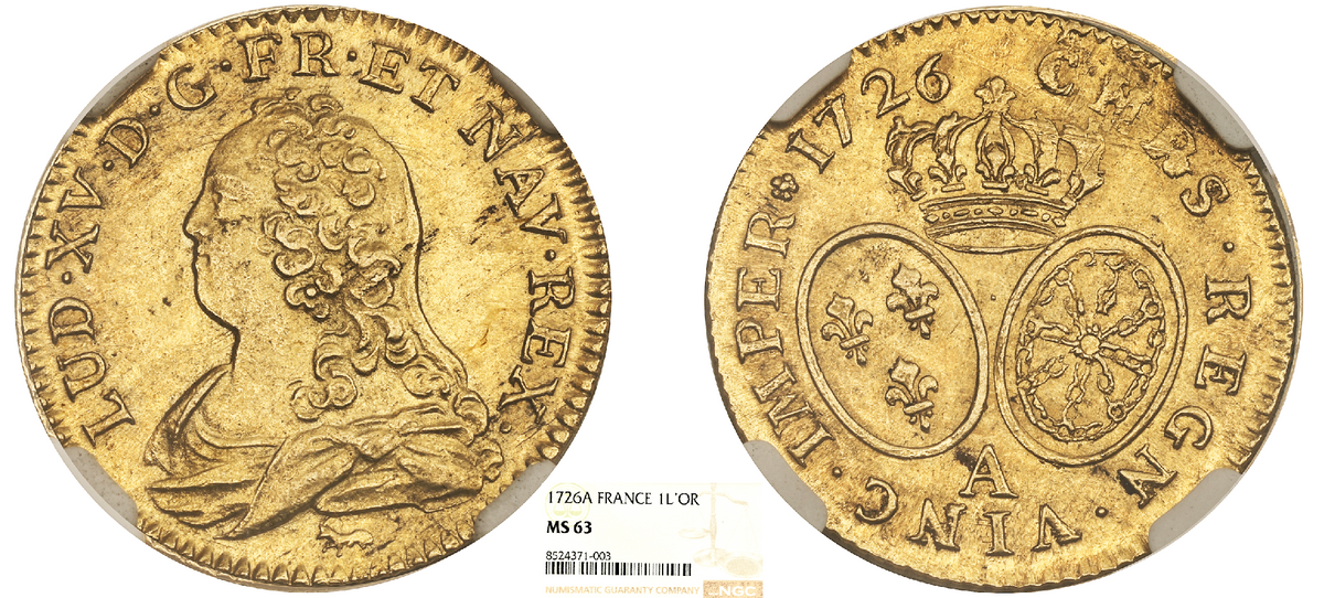 FRANCE - LOUIS XV - LOUIS D'OR AUX LUNETTES 1726A - TRÉSOR MOUFFETARD - NGC MS63